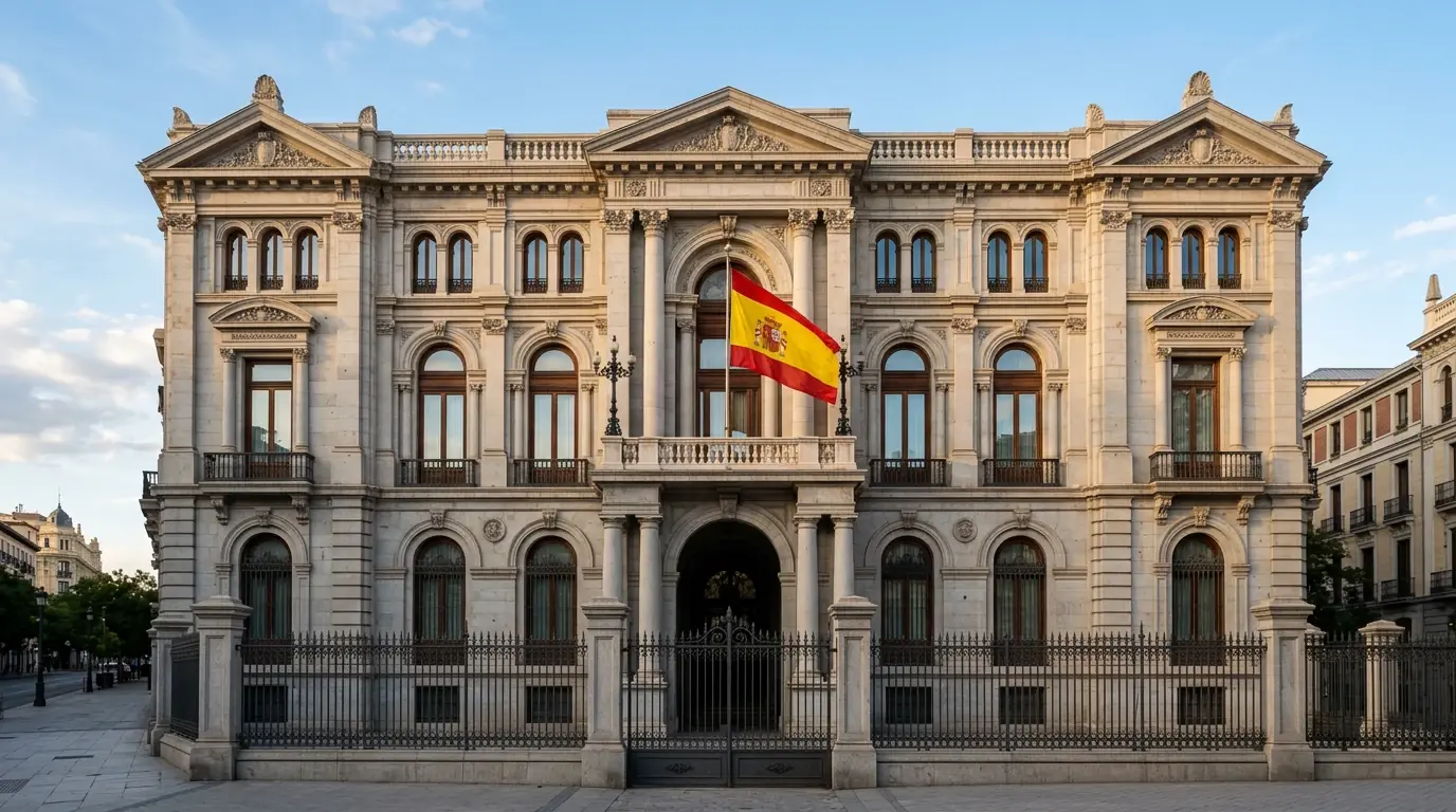 Edificio institucional español con bandera y documento oficial sobre regulación del juego online