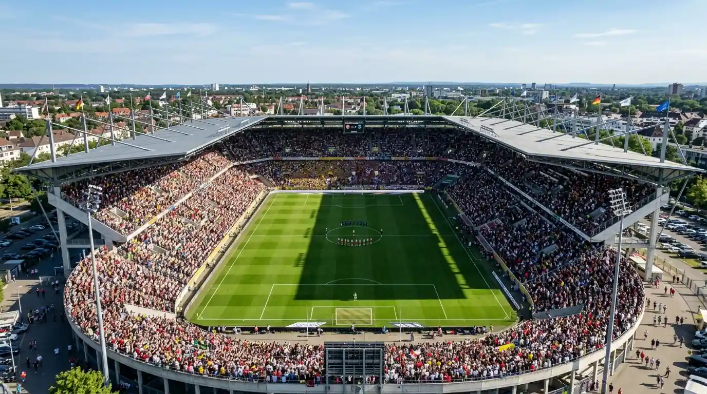 Estadio alemán lleno con aficionados de Borussia Dortmund en un partido de Bundesliga