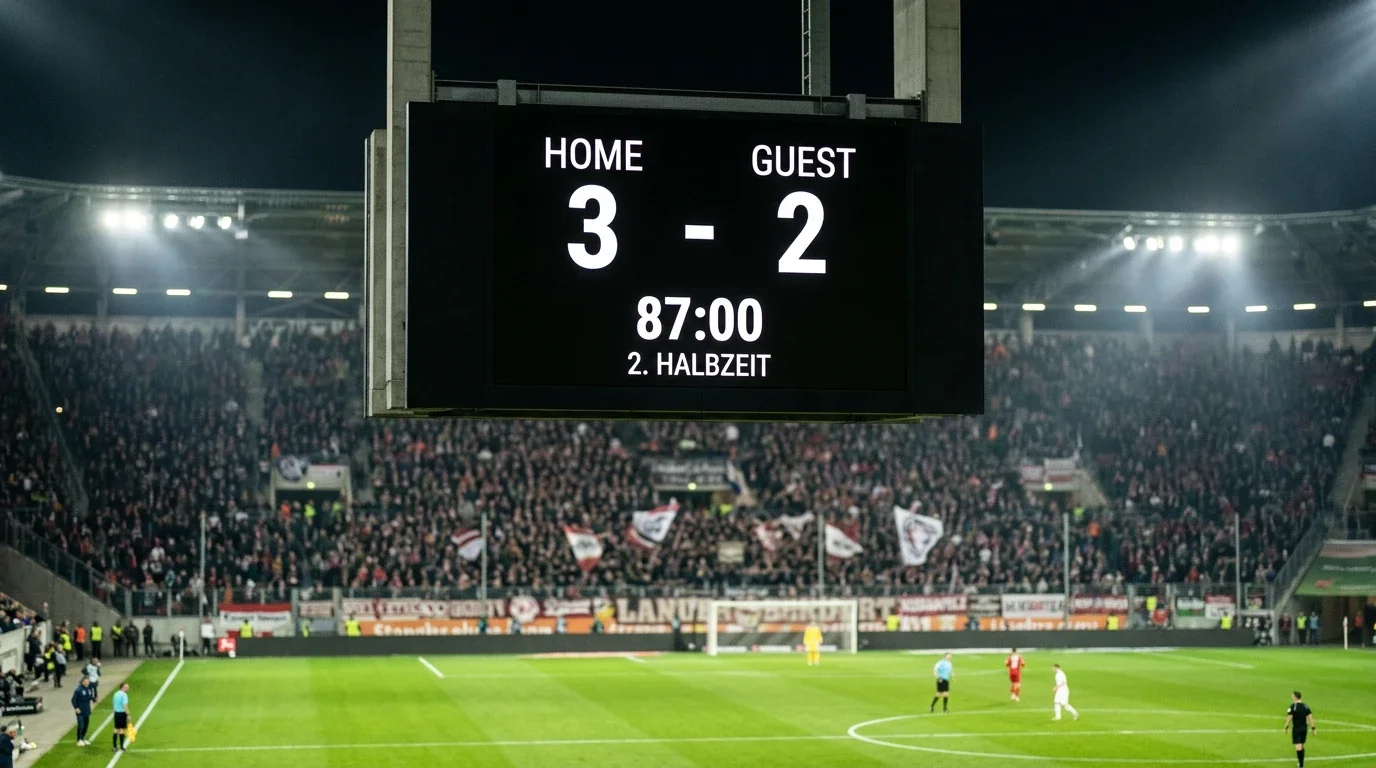 Marcador electrónico de un estadio alemán mostrando un partido de Bundesliga con varios goles